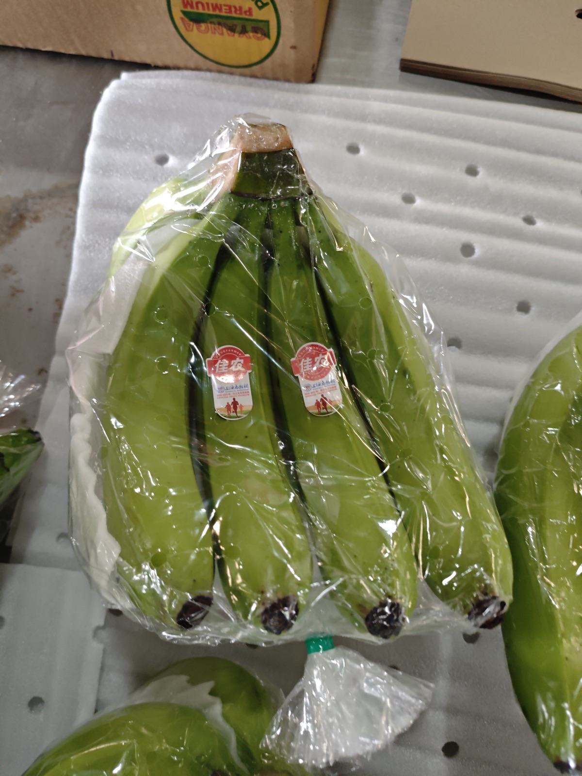 Cluster of Banexco highland Cavendish bananas carrying Goodfarmer retail stickers, packed for the Chinese market